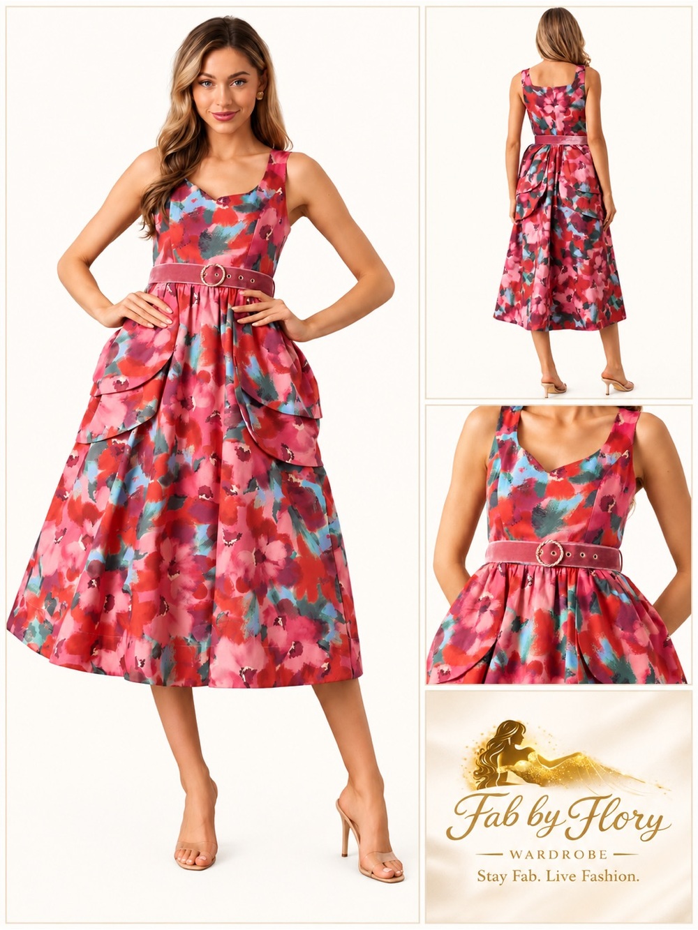 Prosperina Diana Pink Multi Floral Cotton Belted Midi Dress NWT